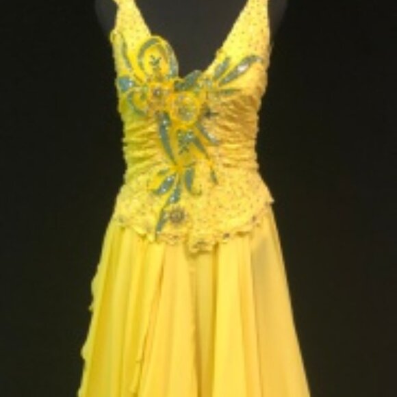 "Lemon Chiffon" Smooth Couture  Ballroom Gown Yellow & Blue w/ Swarovski - Picture 1 of 7